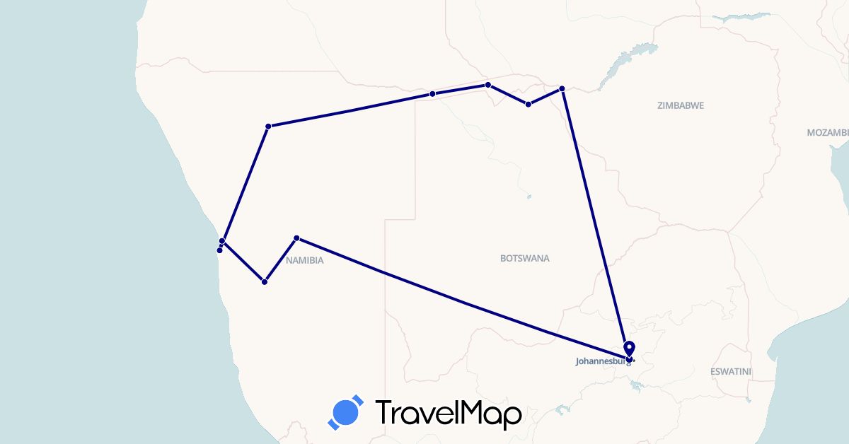 TravelMap itinerary: driving in Botswana, Namibia, South Africa, Zimbabwe (Africa)